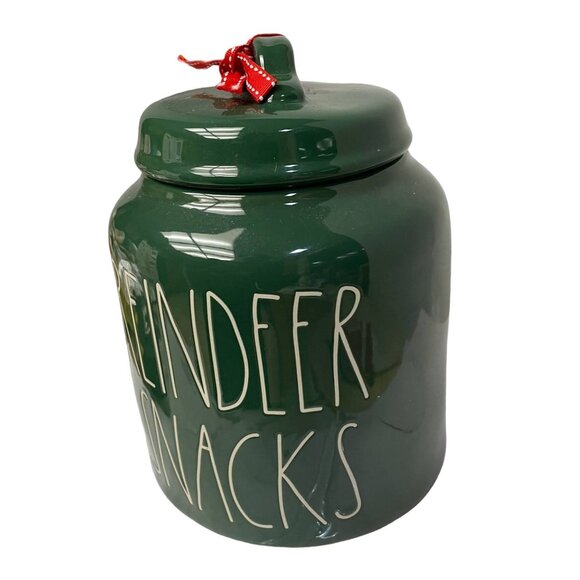 RAE Dunn REINDEER SNACKS Green Red Christmas Canister Artisan Collection 11x 5 - Picture 3 of 9